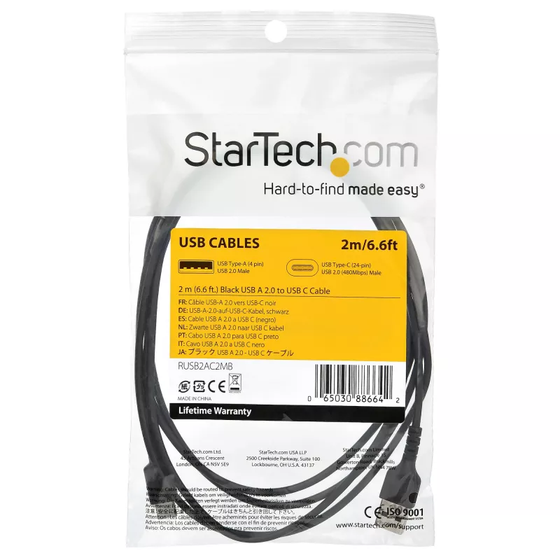 StarTech.com 2 m USB-A - USB-C -laturikaapeli – kestävä pikalataus- ja synkronointikaapeli USB 2.0 - USB Type-C -datakaapeli – kestävä TPE-kuori aramidikuitua M/M 3A musta – Samsung S10, iPad Pro, Pixel