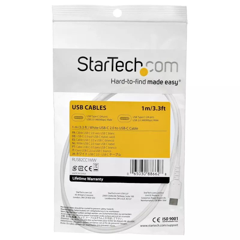 StarTech.com 1m USB-C-laturikaapeli – kestävä pikalataus- ja synkronointikaapeli USB 2.0 Type-C – USB-C-kannettavan laturikaapeli – TPE-päällyste aramidikuitu M/M 60W valkoinen – Samsung S10 S20 iPad Pro MS Surface