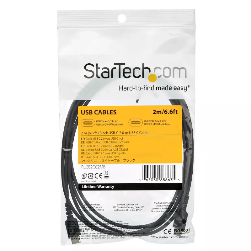 StarTech.com 2 m USB-C-laturikaapeli – kestävä pikalataus- ja synkronointikaapeli USB 2.0 Type-C - USB-C kannettavan laturikaapeli – TPE-kuori aramidikuitua M/M 60 W musta – Samsung S10 S20 iPad Pro MS Surface