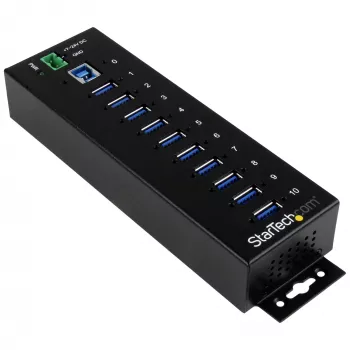 StarTech.com 10 portin teollinen USB 3.0 -keskitin – ESD- ja ylijännitesuojaus~10 portin USB 3.0 -keskitin – 5 Gbit/s – teollinen metallinen USB-A-keskitin ESD- ja ylijännitesuojauksella – DIN-kisko-, seinä- tai pöytäasennus – TAA-yhteensopiva USB-laajennuskeskitin