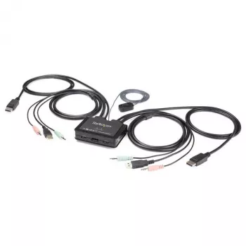 StarTech.com 2 portin DisplayPort KVM-kytkin – 4K 60 Hz – kompakti kaksiporttinen UHD DP 1.2 USB-työpöytä-KVM-kytkin 1,2 m kaapeleilla ja äänellä – väylävirralla toimiva ja kaukosäädettävä – MacBook ThinkPad