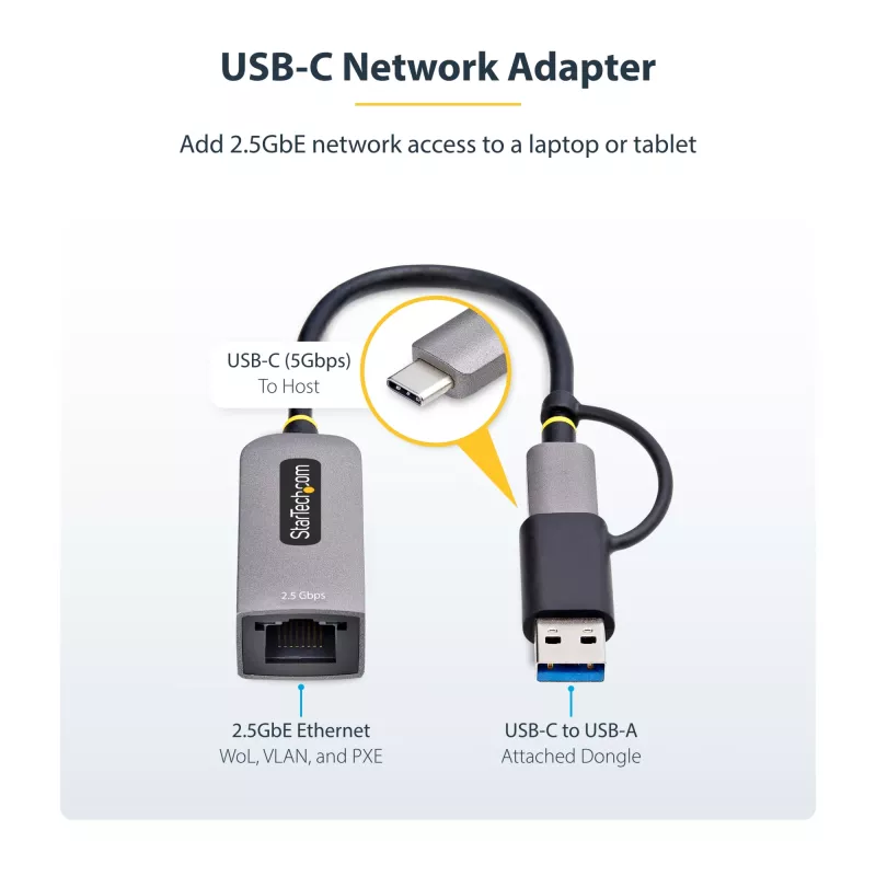 StarTech.com 2.5GbE USB-C - Ethernet-sovitin USB-A-muuntimella, NBASE-T NIC, USB 3.0 Type-C 2.5/1G moninopeusverkko, Thunderbolt-yhteensopiva, Windows & Mac