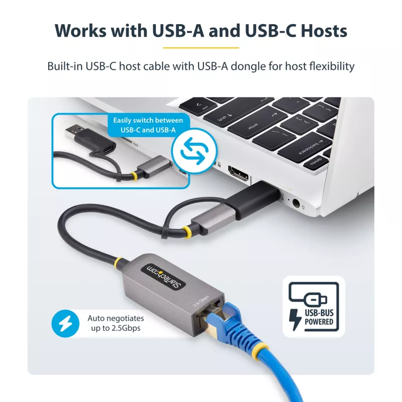 StarTech.com 2.5GbE USB-C - Ethernet-sovitin USB-A-muuntimella, NBASE-T NIC, USB 3.0 Type-C 2.5/1G moninopeusverkko, Thunderbolt-yhteensopiva, Windows & Mac