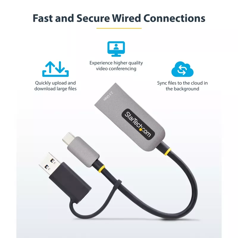 StarTech.com 2.5GbE USB-C - Ethernet-sovitin USB-A-muuntimella, NBASE-T NIC, USB 3.0 Type-C 2.5/1G moninopeusverkko, Thunderbolt-yhteensopiva, Windows & Mac