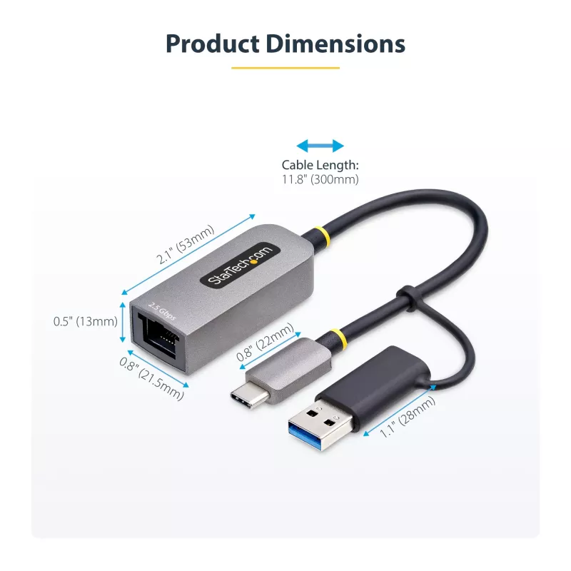 StarTech.com 2.5GbE USB-C - Ethernet-sovitin USB-A-muuntimella, NBASE-T NIC, USB 3.0 Type-C 2.5/1G moninopeusverkko, Thunderbolt-yhteensopiva, Windows & Mac