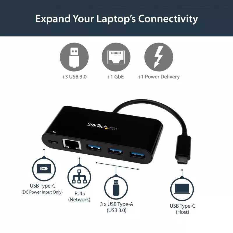 StarTech.com USB-C - Ethernet-sovitin 3-porttisella USB 3.0 -keskittimellä ja Power Deliveryllä