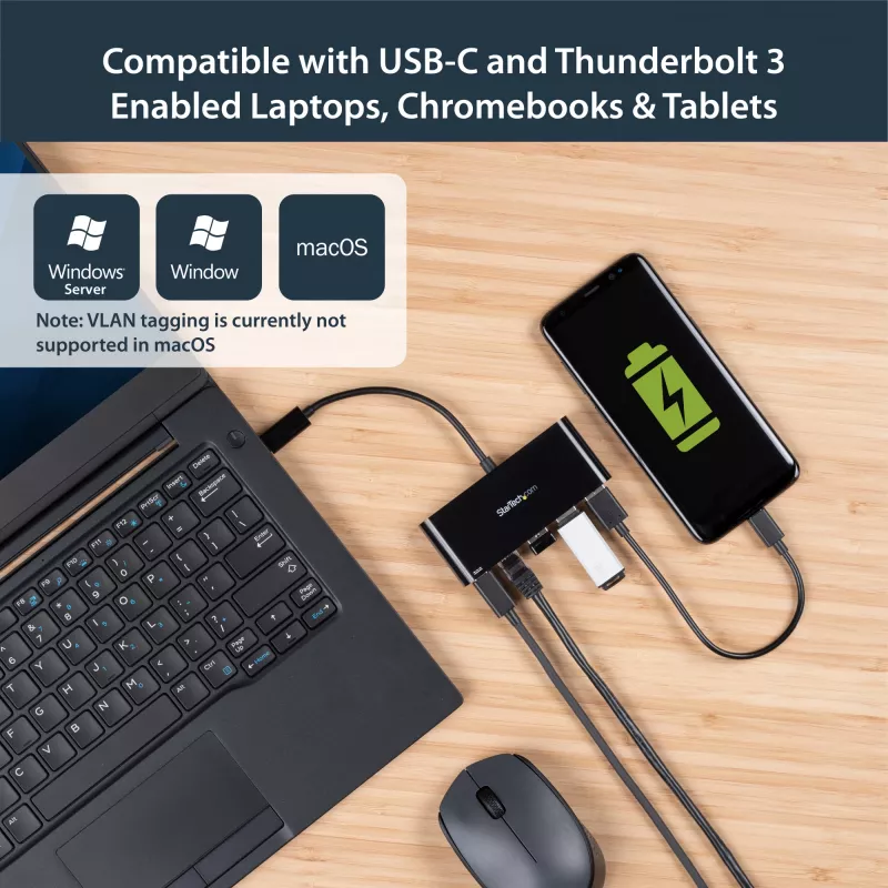 StarTech.com USB-C - Ethernet-sovitin 3-porttisella USB 3.0 -keskittimellä ja Power Deliveryllä