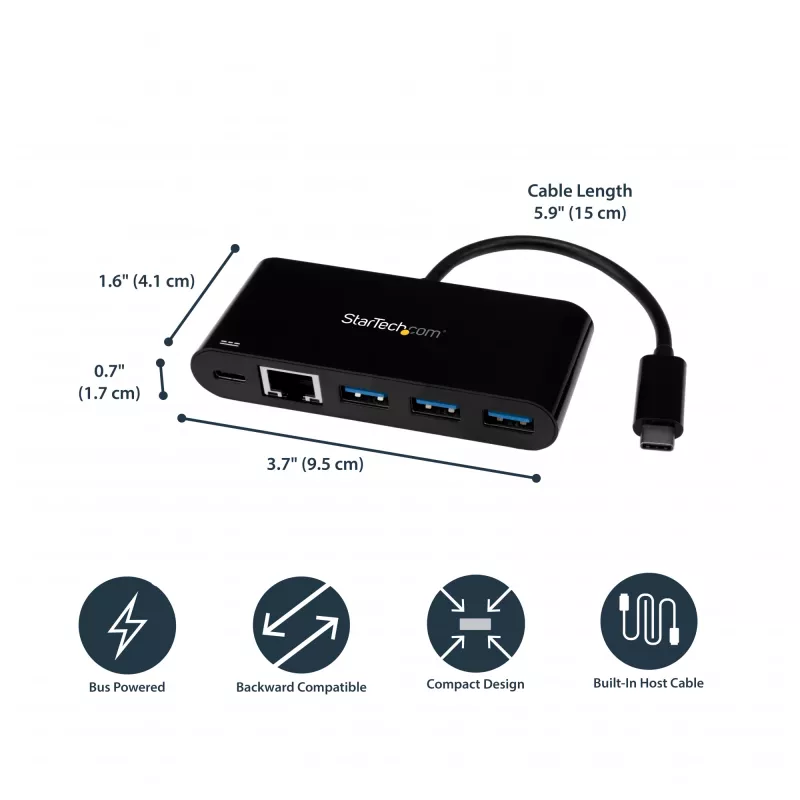 StarTech.com USB-C - Ethernet-sovitin 3-porttisella USB 3.0 -keskittimellä ja Power Deliveryllä