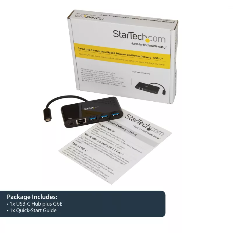 StarTech.com USB-C - Ethernet-sovitin 3-porttisella USB 3.0 -keskittimellä ja Power Deliveryllä