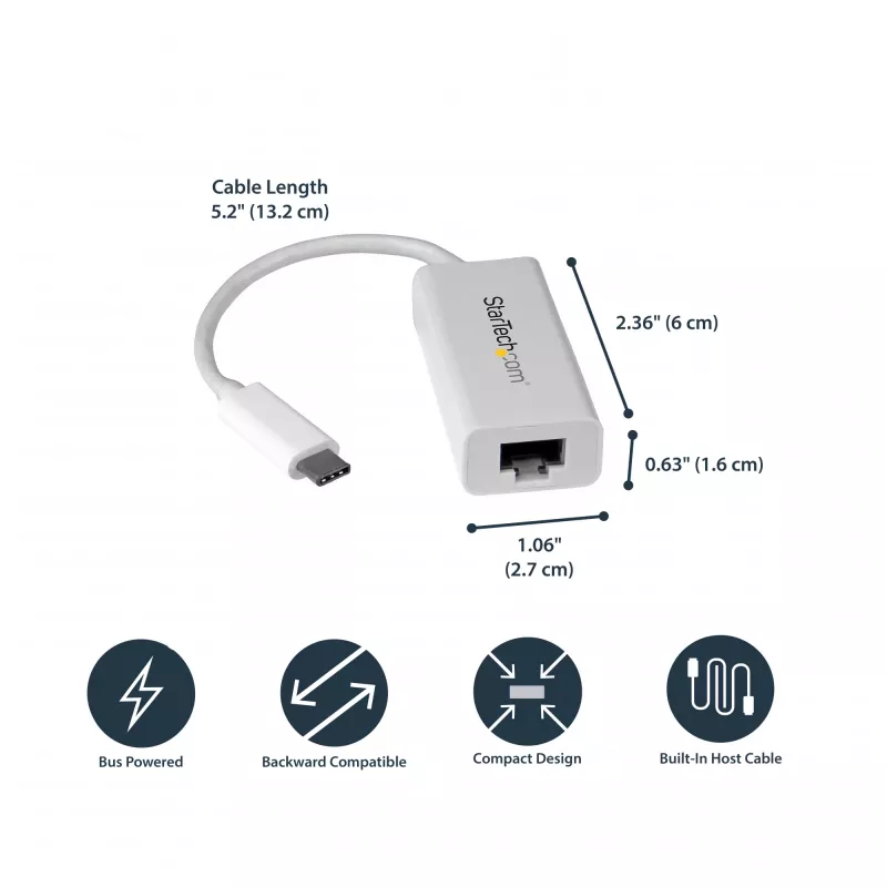 StarTech.com USB-C - Gigabit-verkkosovitin - valkoinen, johdollinen, USB Type-C, Ethernet, 5000 Mbit/s, valkoinen