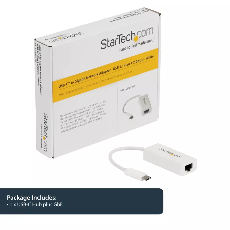 StarTech.com USB-C - Gigabit-verkkosovitin - valkoinen, johdollinen, USB Type-C, Ethernet, 5000 Mbit/s, valkoinen