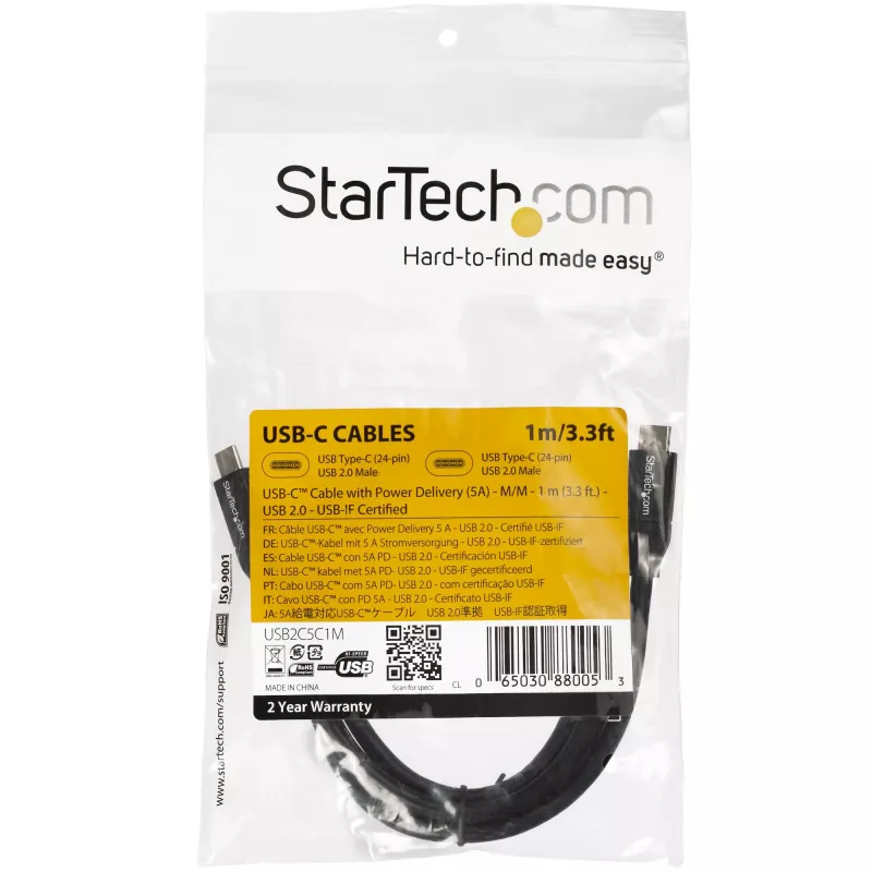 StarTech.com USB-C–USB-C-kaapeli 5A PD:llä – M/M – 1 m – USB 2.0 – USB-IF-sertifioitu