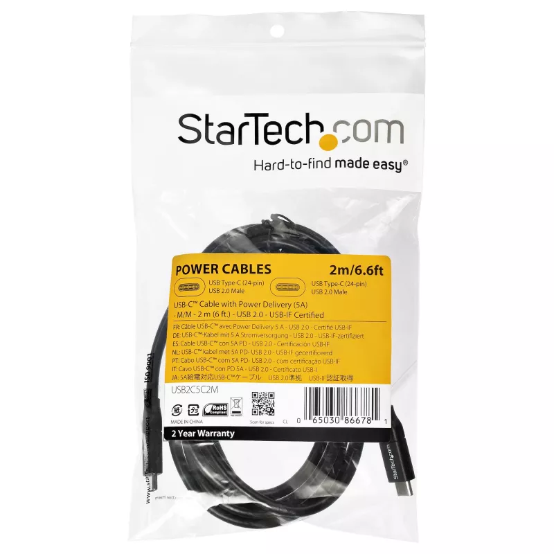 StarTech.com USB-C–USB-C-kaapeli 5A PD:llä – M/M – 2 m – USB 2.0 – USB-IF-sertifioitu