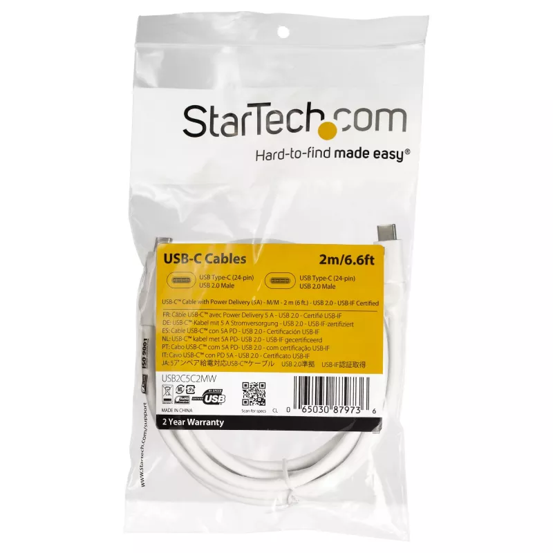 StarTech.com USB-C–USB-C-kaapeli 5 A PD:llä – M/M – valkoinen – 2 m – USB 2.0 – USB-IF-sertifioitu