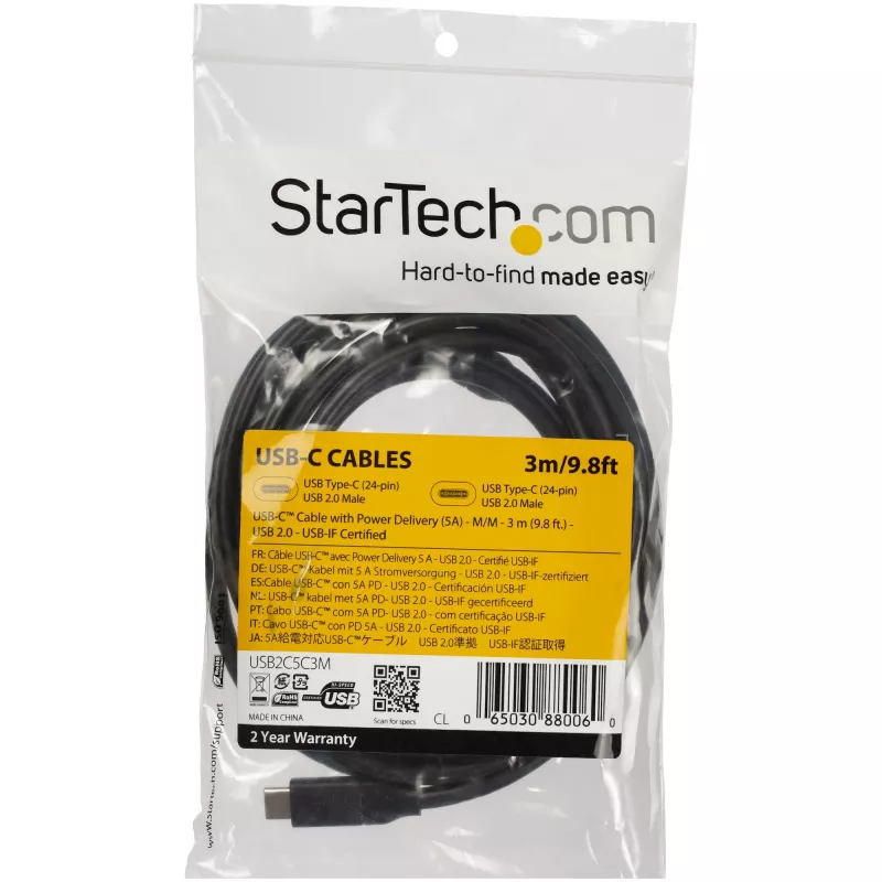 StarTech.com USB-C–USB-C-kaapeli 5 A PD:llä – M/M – 3 m (10 ft.) – USB 2.0 – USB-IF-sertifioitu