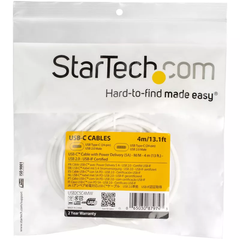StarTech.com USB-C–USB-C-kaapeli 5A PD:llä - M/M - valkoinen - 4 m - USB 2.0 - USB-IF-sertifioitu