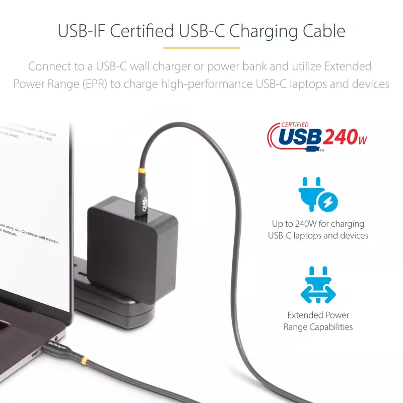 StarTech.com 1m USB-C-laturikaapeli, USB-IF-sertifioitu USB-C-kaapeli, 240W PD EPR, USB 2.0 Type-C kannettavan laturikaapeli, USB-C-datansiirtokaapeli, TPE-päällyste, M/M