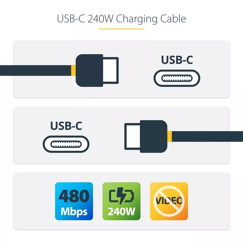 StarTech.com USB-C-latauskaapeli 2 m, USB-IF-sertifioitu USB-C-kaapeli, 240 W PD EPR, USB 2.0 Type-C -kannettavan laturikaapeli, USB-C-datansiirtokaapeli, TPE-päällyste, M/M
