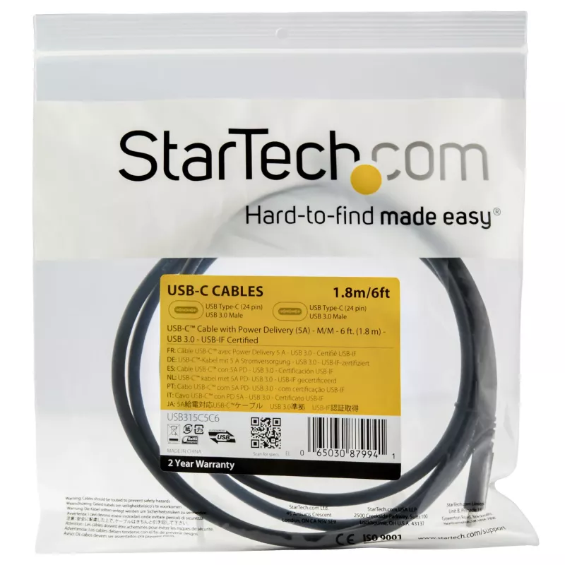 StarTech.com 1,8 m USB-C–USB-C-kaapeli – 5 A, 100 W PD 3.0 – Chromebook-sertifioitu – USB-IF-sertifioitu – M/M – USB 3.0 5 Gbit/s – USB-C-latauskaapeli – USB Type-C -kaapeli