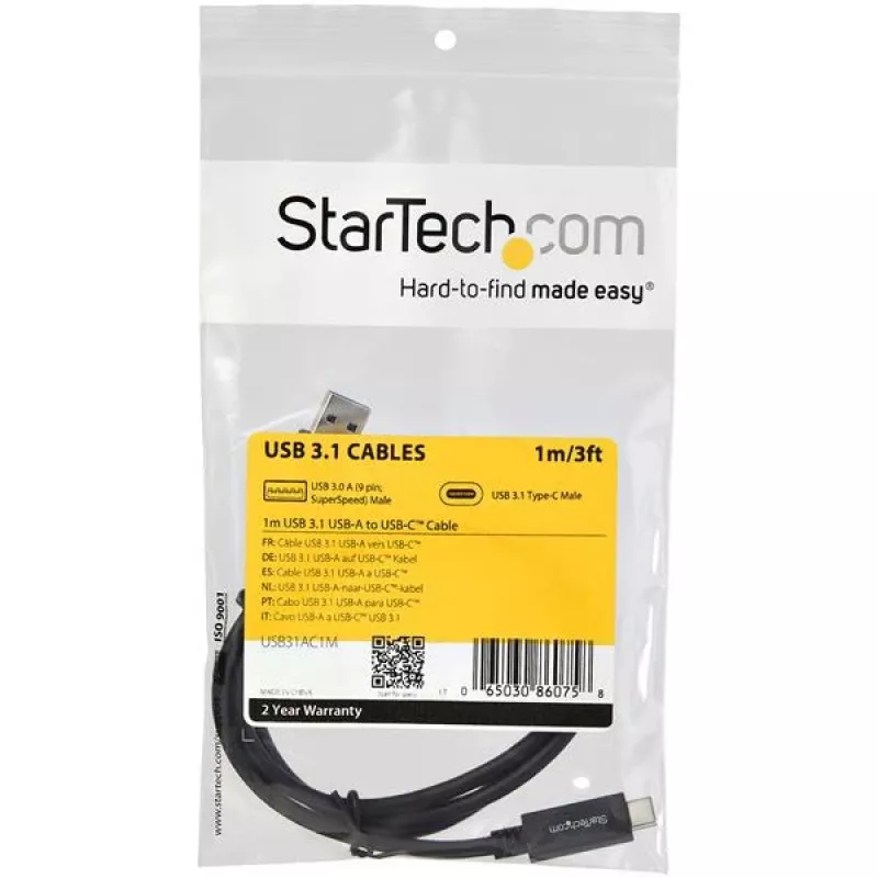 StarTech.com USB31AC1M USB-A – USB-C -kaapeli, uros–uros, USB 3.1, 10 Gbps, 1 m (3 ft), musta