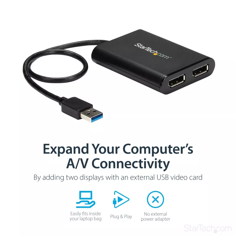 StarTech.com USB 3.0 – Dual DisplayPort -sovitin – 4K 60 Hz, 3.2 Gen 1 (3.1 Gen 1), USB Type-A, DisplayPort-lähtö, 4096 x 2160 pikseliä