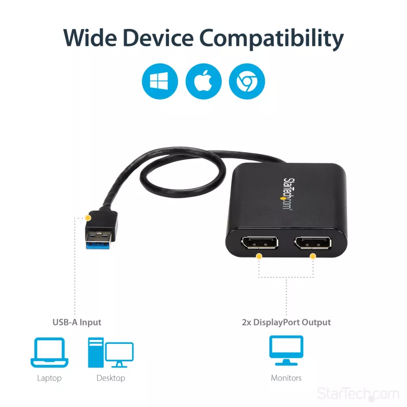 StarTech.com USB 3.0 – Dual DisplayPort -sovitin – 4K 60 Hz, 3.2 Gen 1 (3.1 Gen 1), USB Type-A, DisplayPort-lähtö, 4096 x 2160 pikseliä