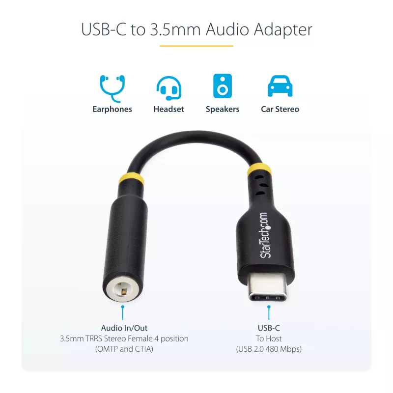 StarTech.com USBCAUDIO2 USB-C – 3,5 mm TRRS -kuulokkeiden/headsetin ääni-sovitin, 32-bittinen DAC, Thunderbolt-yhteensopiva, 12,7 cm, musta