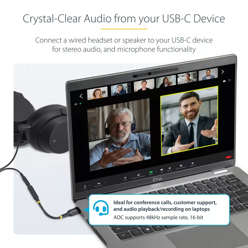 StarTech.com USBCAUDIO2 USB-C – 3,5 mm TRRS -kuulokkeiden/headsetin ääni-sovitin, 32-bittinen DAC, Thunderbolt-yhteensopiva, 12,7 cm, musta