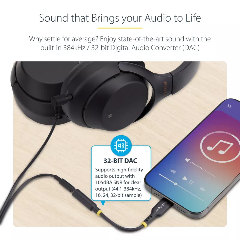 StarTech.com USBCAUDIO2 USB-C – 3,5 mm TRRS -kuulokkeiden/headsetin ääni-sovitin, 32-bittinen DAC, Thunderbolt-yhteensopiva, 12,7 cm, musta