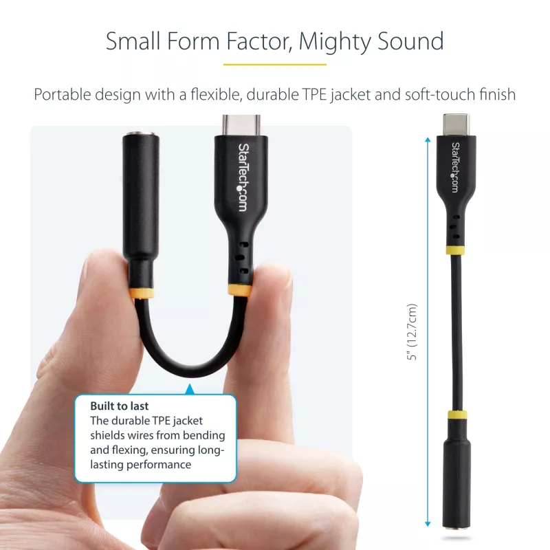 StarTech.com USBCAUDIO2 USB-C – 3,5 mm TRRS -kuulokkeiden/headsetin ääni-sovitin, 32-bittinen DAC, Thunderbolt-yhteensopiva, 12,7 cm, musta
