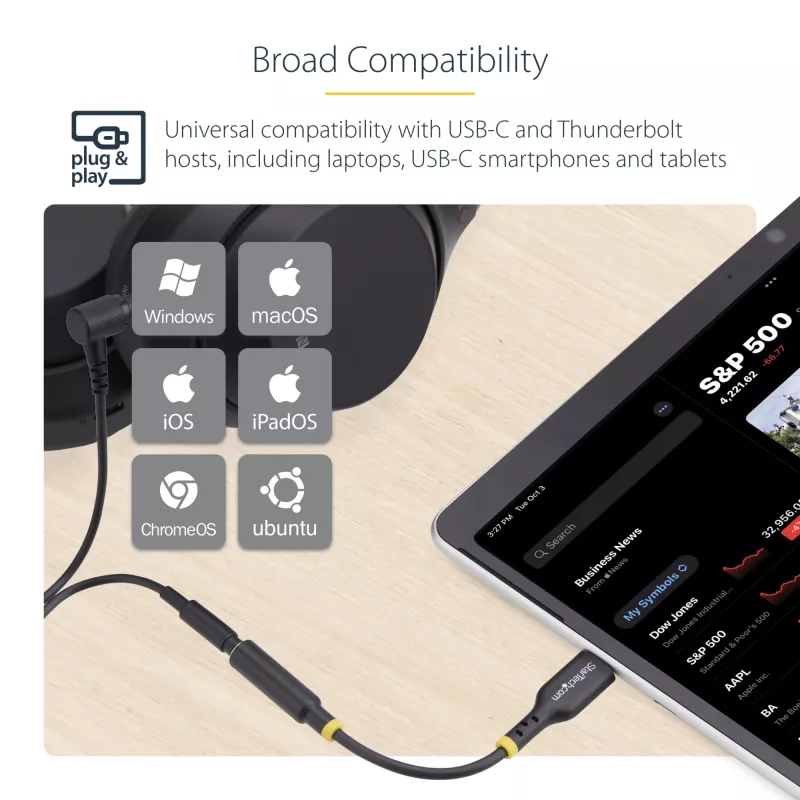 StarTech.com USBCAUDIO2 USB-C – 3,5 mm TRRS -kuulokkeiden/headsetin ääni-sovitin, 32-bittinen DAC, Thunderbolt-yhteensopiva, 12,7 cm, musta