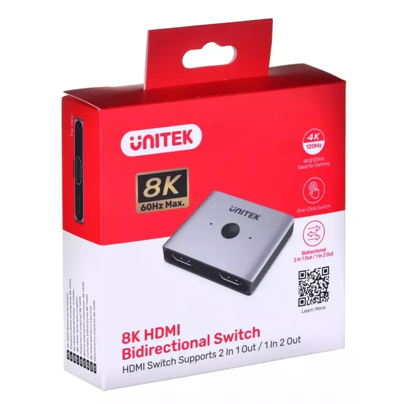 HDMI-kytkin Unitek V1163A 2x1 8K 60 Hz — 2 tuloa 1 lähtöön