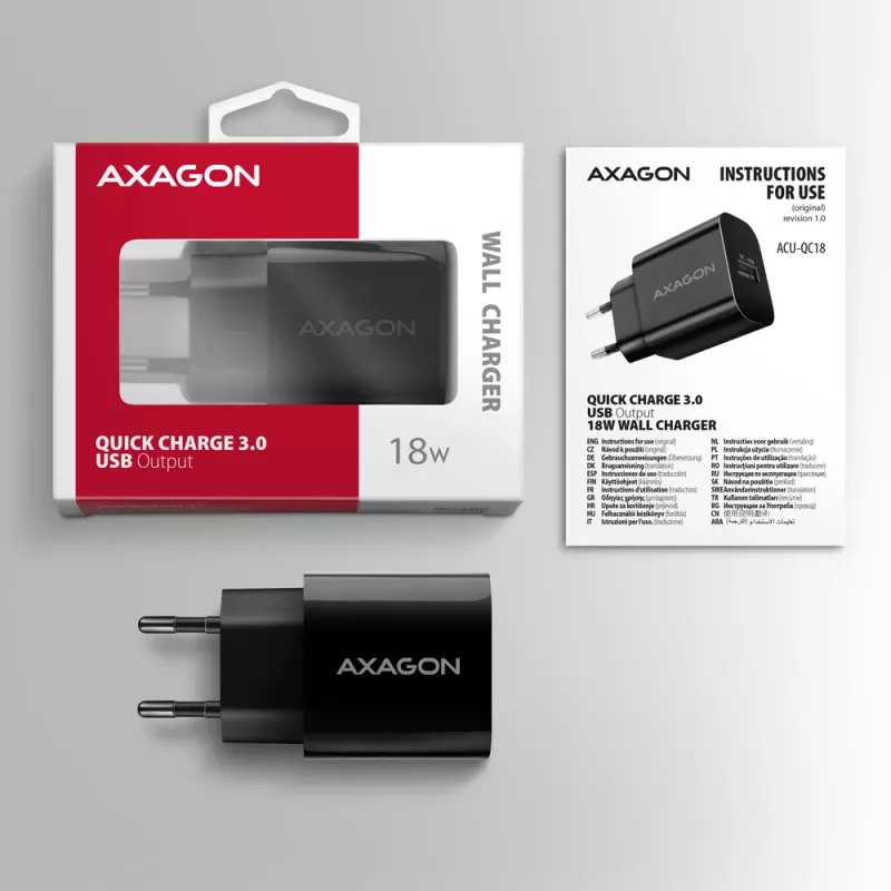 Axagon ACU-QC18 QC 3.0 1× LÄHTÖ seinälaturi 18W, sisätila, AC, musta