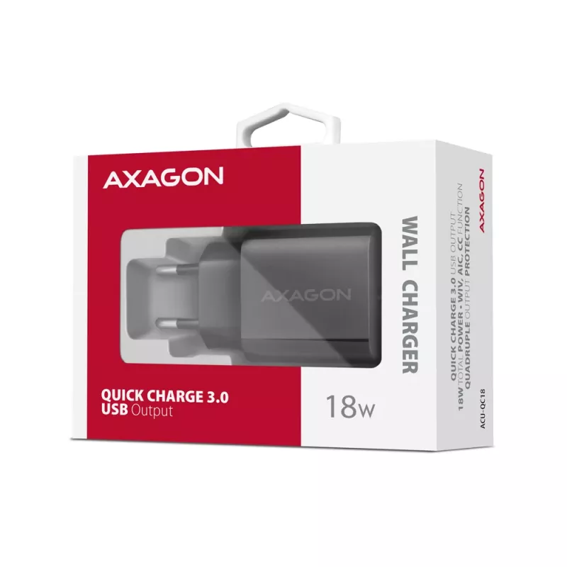 Axagon ACU-QC18 QC 3.0 1× LÄHTÖ seinälaturi 18W, sisätila, AC, musta