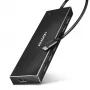 Axagon HUE-F7C 7-porttinen USB 3.2 Gen 1 alumiininen litteä latausjakaja, 7x USB-A, 30 cm USB-C-kaapeli, ulkoisen virtalähteen liitäntä, musta