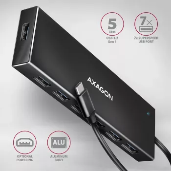 Axagon HUE-F7C 7x USB 3.2 Gen 1 ALU matala keskitin mikro-virtaliitäntä 30 cm USB-C USB 3.2 Gen 1 (3.1 Gen 1) Type-A 5000 Mbit/s musta