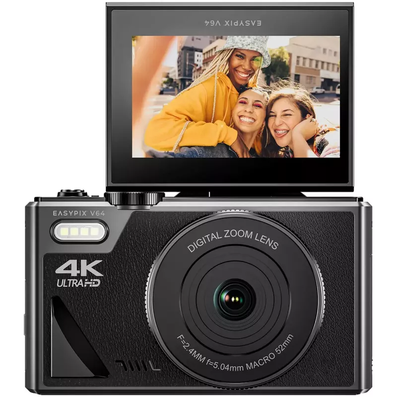 Easypix V64 Flip 20203 kompakti digikamera, 64 Mpx, 4K-video, 3 tuuman käännettävä näyttö, 18x digitaalinen zoom, WiFi