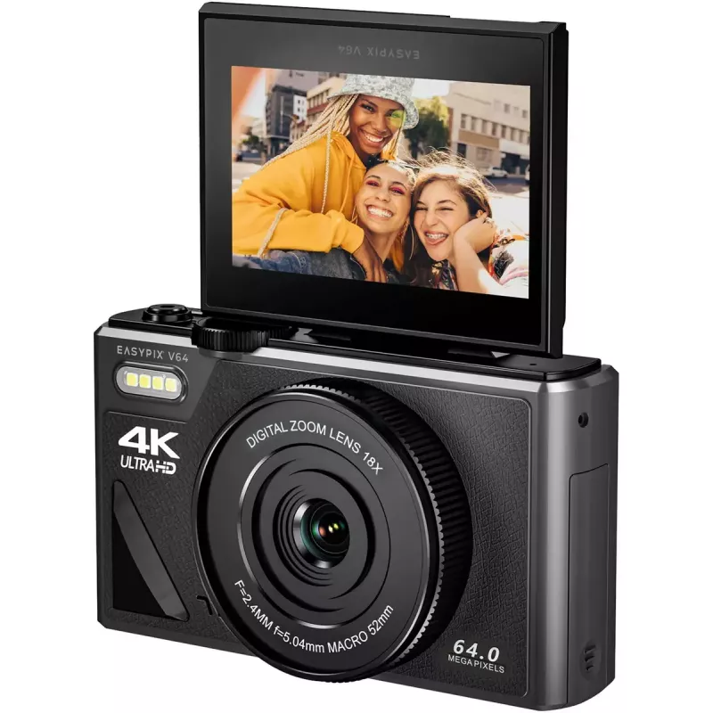 Easypix V64 Flip 20203 kompakti digikamera, 64 Mpx, 4K-video, 3 tuuman käännettävä näyttö, 18x digitaalinen zoom, WiFi