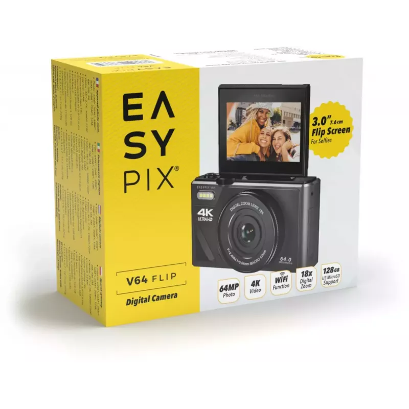 Easypix V64 Flip 20203 kompakti digikamera, 64 Mpx, 4K-video, 3 tuuman käännettävä näyttö, 18x digitaalinen zoom, WiFi