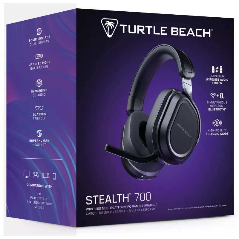 Turtle Beach Stealth 700 musta langaton PC-gaming-headset jopa 80 tunnin akunkestolla, Bluetoothilla, kahdella lähettimellä ja 60 mm:n kaiuttimilla PC:lle, PS5:lle, PS4:lle ja mobiililaitteille