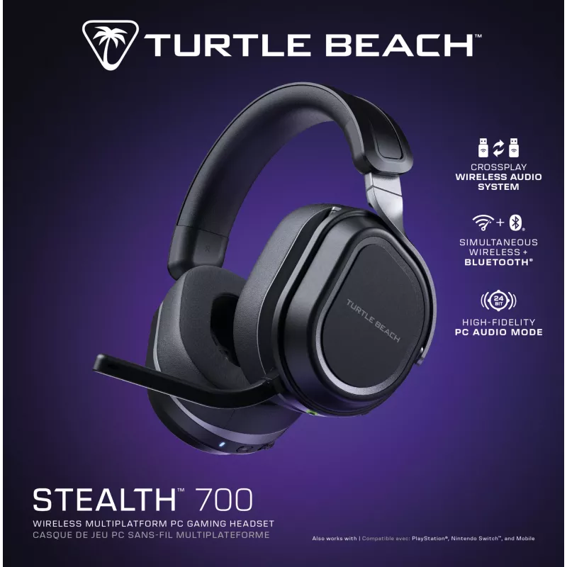 Turtle Beach Stealth 700 musta langaton PC-gaming-headset jopa 80 tunnin akunkestolla, Bluetoothilla, kahdella lähettimellä ja 60 mm:n kaiuttimilla PC:lle, PS5:lle, PS4:lle ja mobiililaitteille