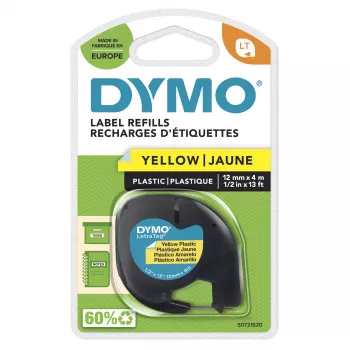 DYMO Marken-LetraTag-muovitarrat | 12 mm x 4 m rulla | musta teksti keltaisella | yleiskäyttöiset itseliimautuvat tarrat LetraTag-tarratulostimille