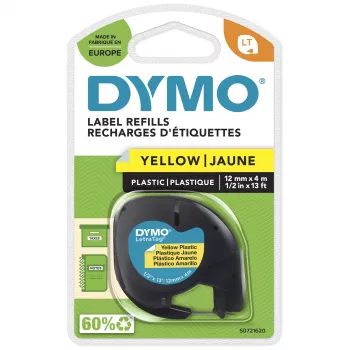 DYMO Marken-LetraTag-muovitarrat | 12 mm x 4 m rulla | musta teksti keltaisella | yleiskäyttöiset itseliimautuvat tarrat LetraTag-tarratulostimille