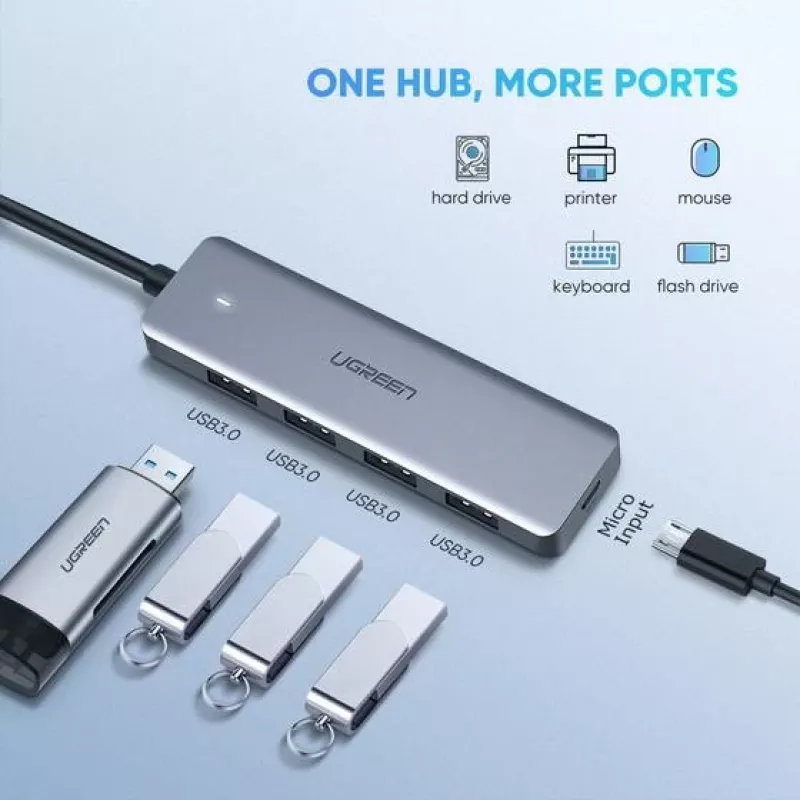 UGREEN 70336 (CM219) USB-C – 4x USB 3.0 -keskitin, 5 Gbps, OTG, USB-C-virtaliitäntä, 15 cm kaapeli, harmaa