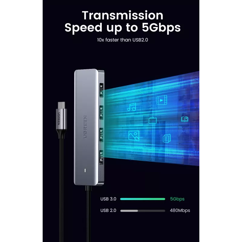 UGREEN 70336 (CM219) USB-C – 4x USB 3.0 -keskitin, 5 Gbps, OTG, USB-C-virtaliitäntä, 15 cm kaapeli, harmaa