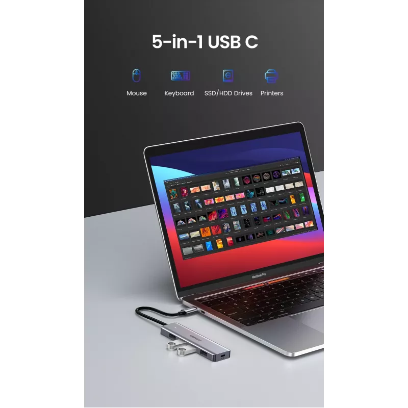 UGREEN 70336 (CM219) USB-C – 4x USB 3.0 -keskitin, 5 Gbps, OTG, USB-C-virtaliitäntä, 15 cm kaapeli, harmaa