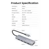 UGREEN 70336 (CM219) USB-C – 4x USB 3.0 -keskitin, 5 Gbps, OTG, USB-C-virtaliitäntä, 15 cm kaapeli, harmaa