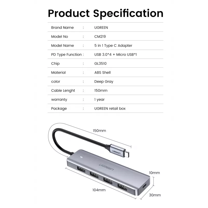 UGREEN 70336 (CM219) USB-C – 4x USB 3.0 -keskitin, 5 Gbps, OTG, USB-C-virtaliitäntä, 15 cm kaapeli, harmaa