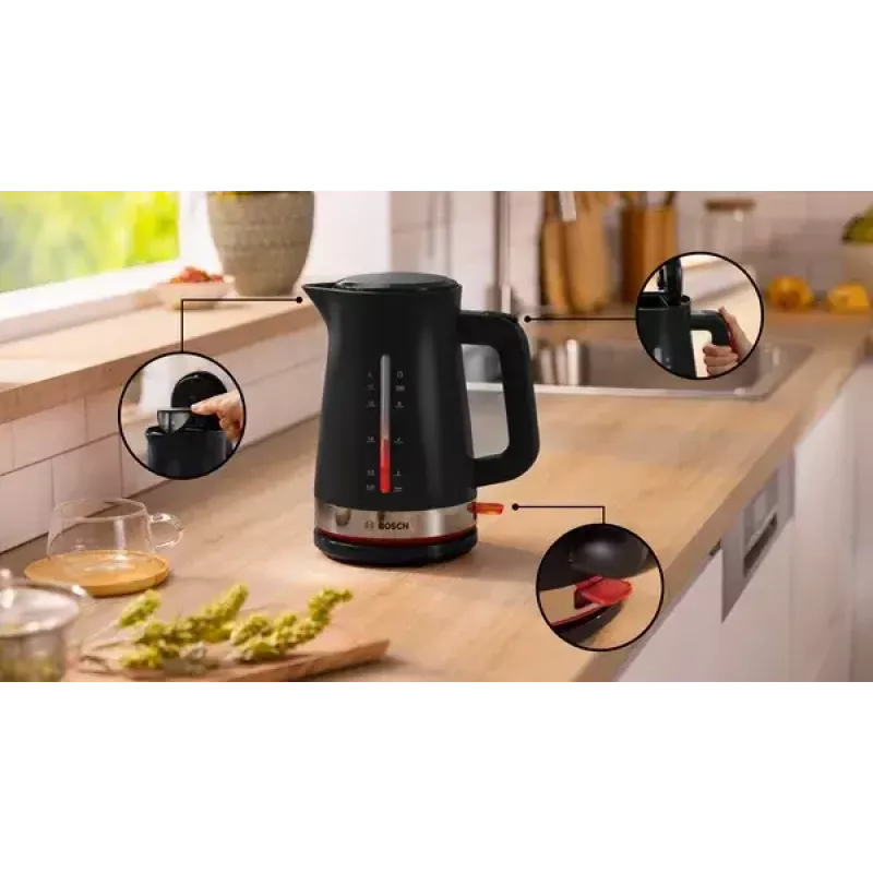 Vedenkeitin Bosch TWK4M223 1,7 l, 2400 W, musta, johdoton, piilotettu lämpövastus
