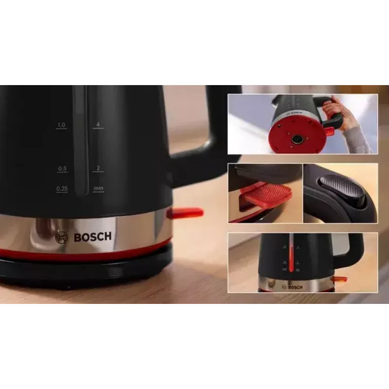 Vedenkeitin Bosch TWK4M223 1,7 l, 2400 W, musta, johdoton, piilotettu lämpövastus